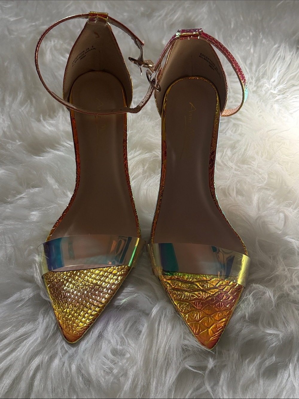 Anne Michelle Iridescent Gold Pointed PVC Strap Ankle-Heels